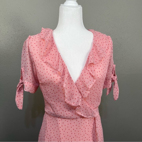 Lulu’s Pink Polka dot Flirty Ruffle Wrap Dress Retro 40s 50s style zipper small - Picture 3 of 12